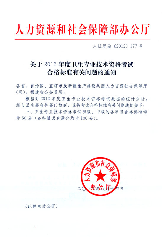 2012年度衛(wèi)生專業(yè)技術(shù)資格考試合格標準確定 仍為60分