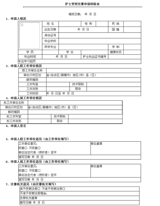 甘肅城中區(qū)2015護(hù)士變更注冊申請審核表