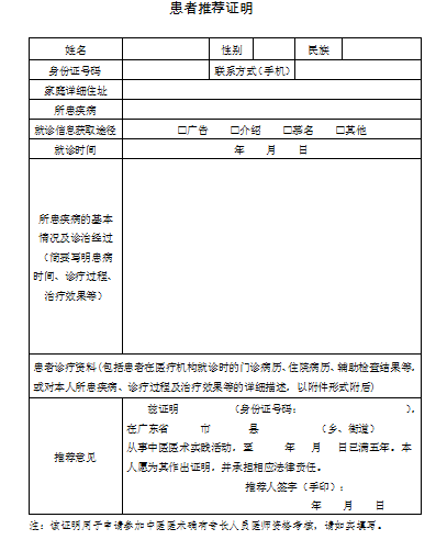 中醫(yī)醫(yī)術(shù)實踐證明材料、患者推薦表如何填寫