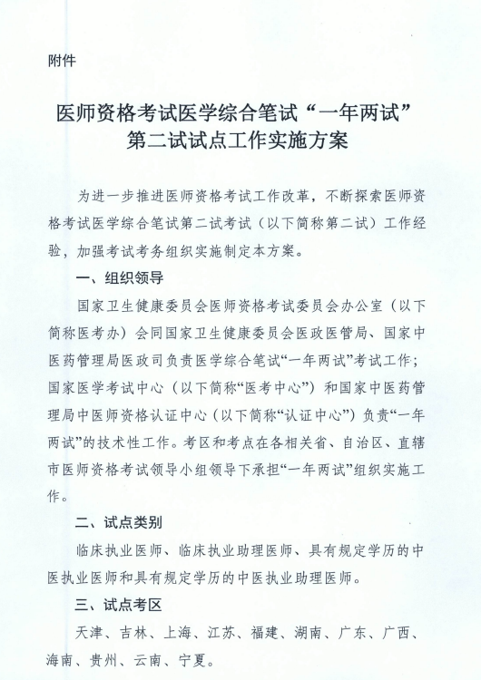 國(guó)家衛(wèi)健委關(guān)于在天津等12個(gè)考區(qū)開(kāi)展“一年兩試”試點(diǎn)工作的通知！