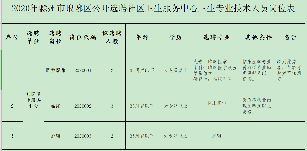 2020年1月份滁州市瑯琊區(qū)（安徽?。┕_(kāi)招聘醫(yī)療崗崗位計(jì)劃表