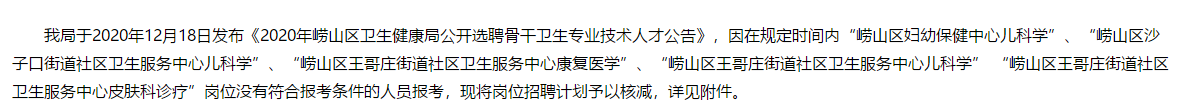 2020年青島嶗山區(qū)衛(wèi)健局（山東省）公開選聘骨干衛(wèi)生專業(yè)技術人才核減部分招聘計劃