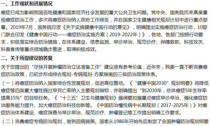 國家衛(wèi)健委關(guān)于盡快制定腫瘤防治法的建議答復(fù)！