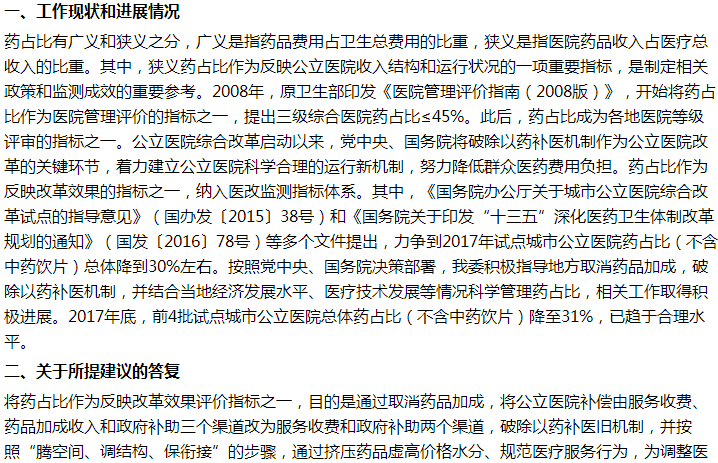 國家關于適當放寬或取消藥占比考核指標的建議答復