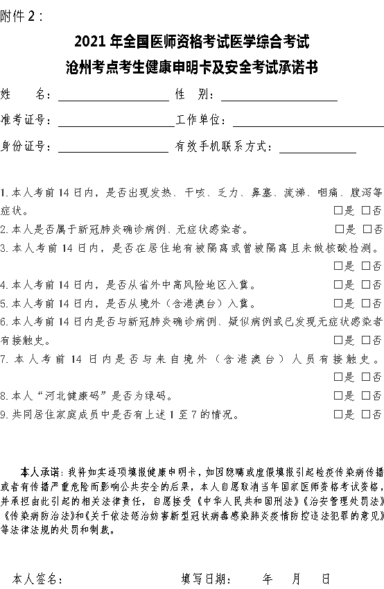 滄州考點醫(yī)師資格考試健康承諾書