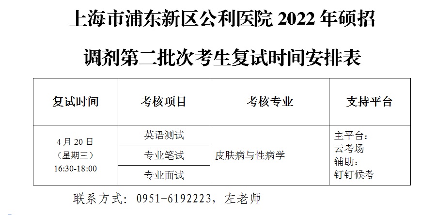 上海市浦東新區(qū)公利醫(yī)院2022年碩招調劑第二批次考生（皮膚與性病學專業(yè)）復試時間安排表